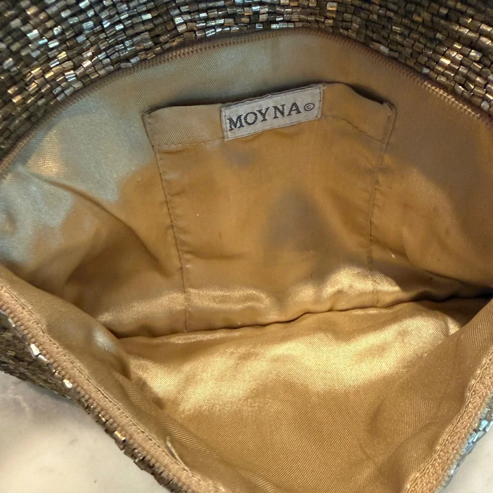 Moyna Metallic Bronze Beaded Foldover Clutch Evening Bag Zipper Closure Handbag